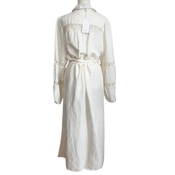 NWT CAROLINE CONSTAS IVORY WHITE LINEN BLEND EMBROIDERED BELTED MAXI SHIRT DRESS - Picture 3 of 13